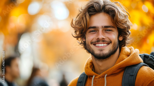 Wallpaper Mural A man with a beard and a backpack is smiling for the camera. He is wearing an orange hoodie and has a backpack on his back Torontodigital.ca