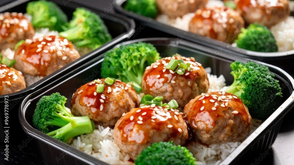 Asian style chicken meat balls with broccoli and rice in a take away lunch boxes. Asian style chicken meat balls with broccoli and rice in a take away lunch boxes.