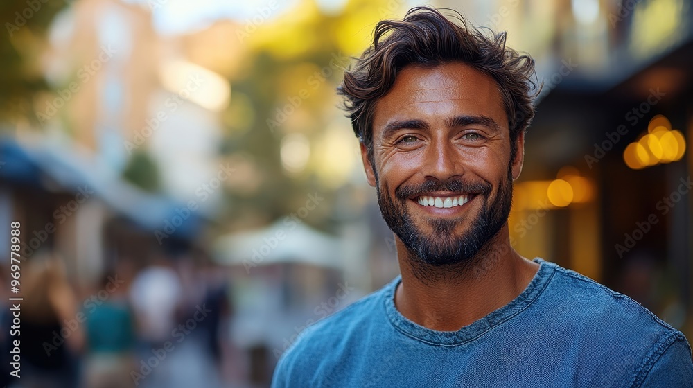 Handsome man smiling outdoors, showing confidence and positive emotions Handsome man smiling outdoors, showing confidence and positive emotions