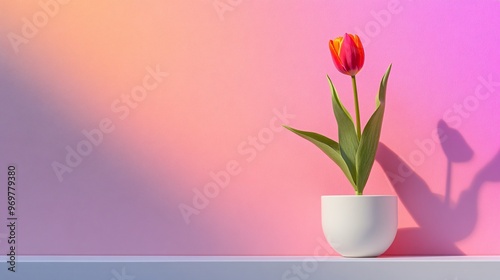 A minimalist white pot with a simple tulip, set against a colorful ombre background shifting from bright pink to lavender