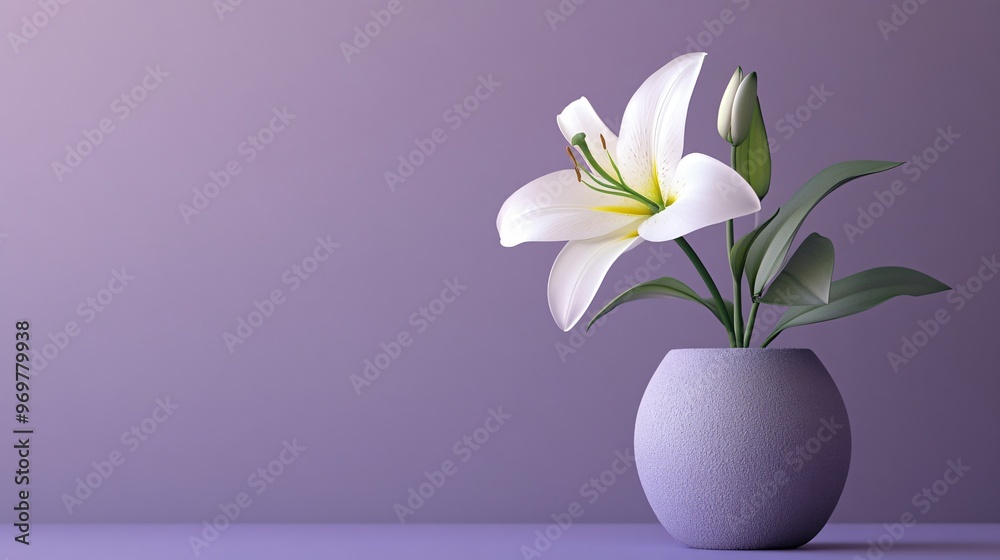A simple gray pot with a single lily, set against a soft lavender background with clean lighting and shadows highlighting the flower's simplicity