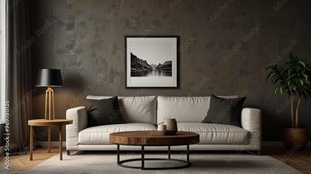 round coffee table near a sofa wall with an empty poster mockup frame. modern interior
round coffee table near a sofa wall with an empty poster mockup frame. modern interior