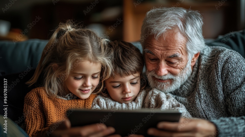 Multi-generational family sharing technology on the sofa, showcasing family togetherness Multi-generational family sharing technology on the sofa, showcasing family togetherness