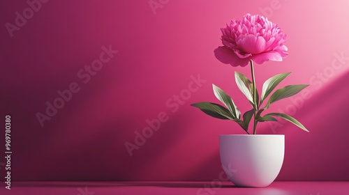 A single pink peony in a sleek white ceramic pot, placed against a bold magenta background, with subtle highlights and shadows