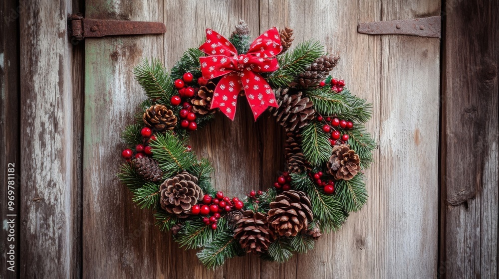 Christmas Wreath Adorned with Pine Cones and Red Berries on Rustic Wooden Door