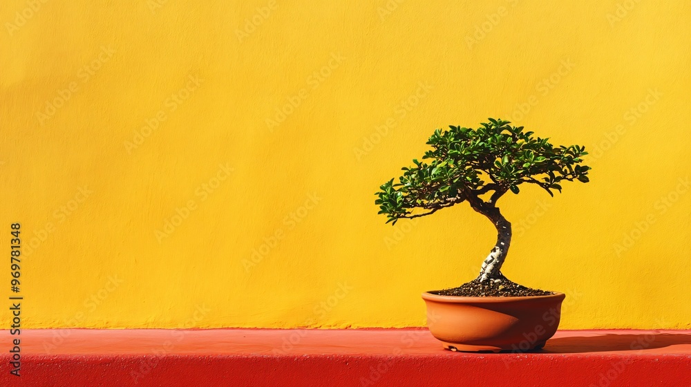 A small bonsai tree in a minimalist terracotta pot, standing on a vibrant red surface with a yellow wall behind, creating a strong visual impact A small bonsai tree in a minimalist terracotta pot, standing on a vibrant red surface with a yellow wall behind, creating a strong visual impact