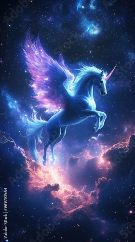 Floating camera perspective of a pegasus flying through a starry night sky