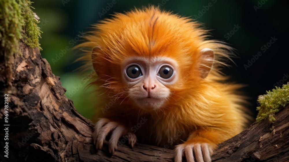 Obraz premium A baby golden tamarin monkey in its natural habitat.