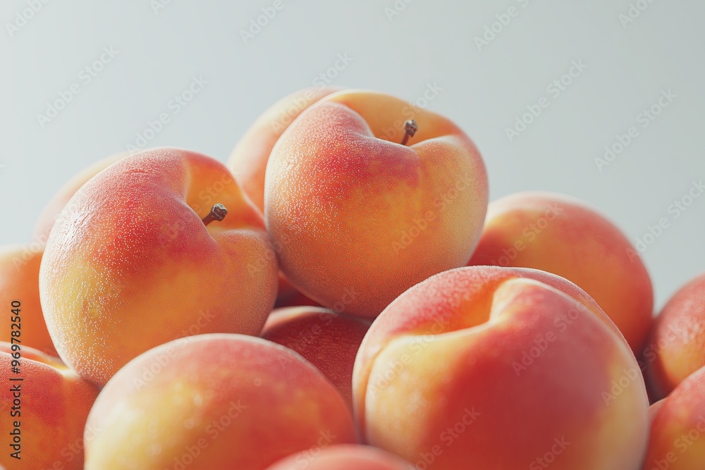 A dynamic 3D of fresh, juicy peaches, shown in close up against a stark white background. The highlights the detailed textures and vibrant colors of the peaches with realistic A dynamic 3D of fresh, juicy peaches, shown in close up against a stark white background. The highlights the detailed textures and vibrant colors of the peaches with realistic