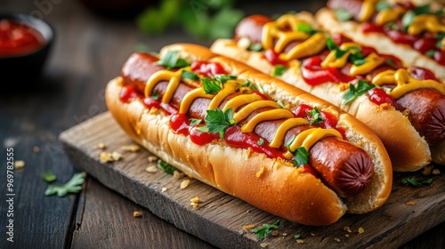 vegan hot dogs with mustard and ketchup on a wooden table, perfect for your plant-based bbq alternative meat banner for a meat-free cookout photo