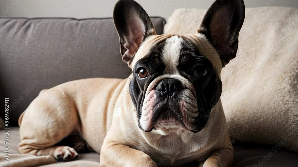 A cute French bulldog relaxes on a couch, showcasing warmth and tranquility in a cozy home setting A cute French bulldog relaxes on a couch, showcasing warmth and tranquility in a cozy home setting