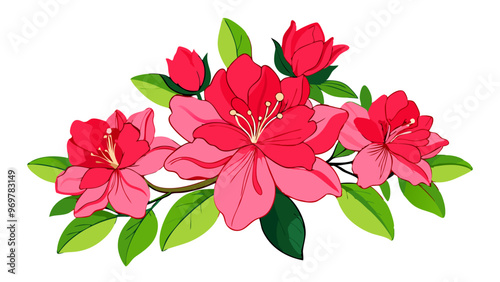 Vibrant Azalea Flower Illustration with Green Leaves - Detailed illustration of a vibrant azalea flower, surrounded by lush green leaves. Perfect for nature-themed artwork or botanical designs