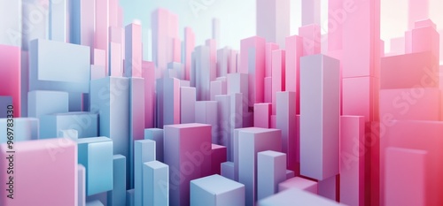 Abstract Cityscape with Pink and Blue Geometric Shapes.