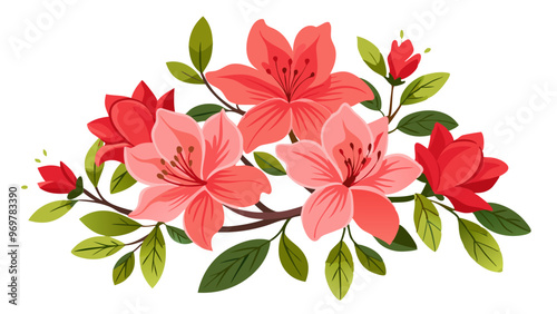 Vibrant Azalea Flower Illustration with Green Leaves - Detailed illustration of a vibrant azalea flower, surrounded by lush green leaves. Perfect for nature-themed artwork or botanical designs
