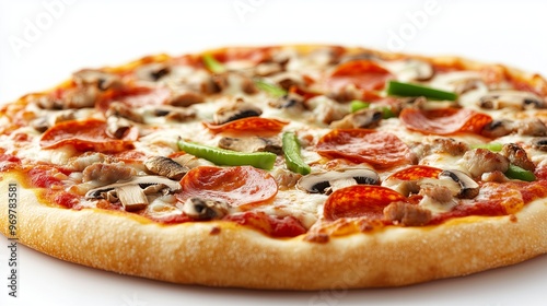 A highly detailed, realistic close up of a pizza against a pure, bright white background. The pizza is adorned with classic toppings such as pepperoni, mushrooms, and green