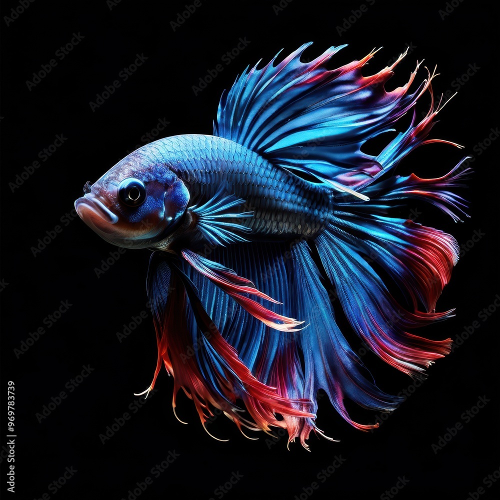 A vibrant betta fish displaying intricate fins and colors against a black background. A vibrant betta fish displaying intricate fins and colors against a black background.