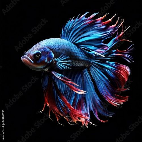 A vibrant betta fish displaying intricate fins and colors against a black background.