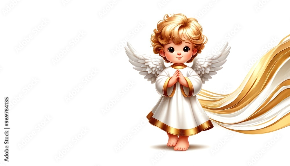 Peaceful angel on golden waves, perfect for spiritual themes with copy space and white background Peaceful angel on golden waves, perfect for spiritual themes with copy space and white background