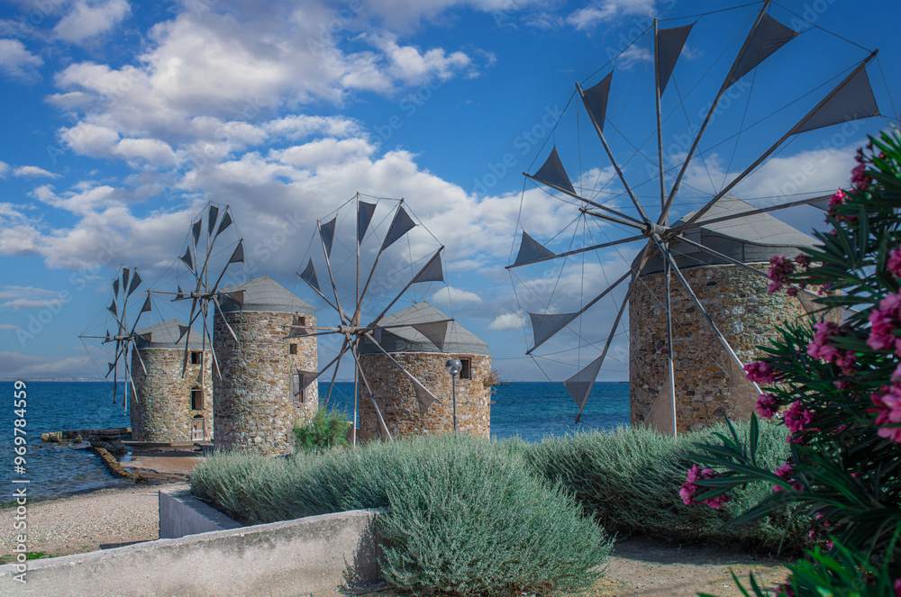 Greece island; Chios island historical windmill. Travel concept photo.