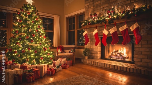 Christmas Tree, Fireplace, and Presents in a Cozy Living Room
