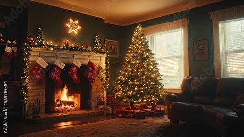 Cozy Christmas Living Room with Fireplace and Decorated Tree