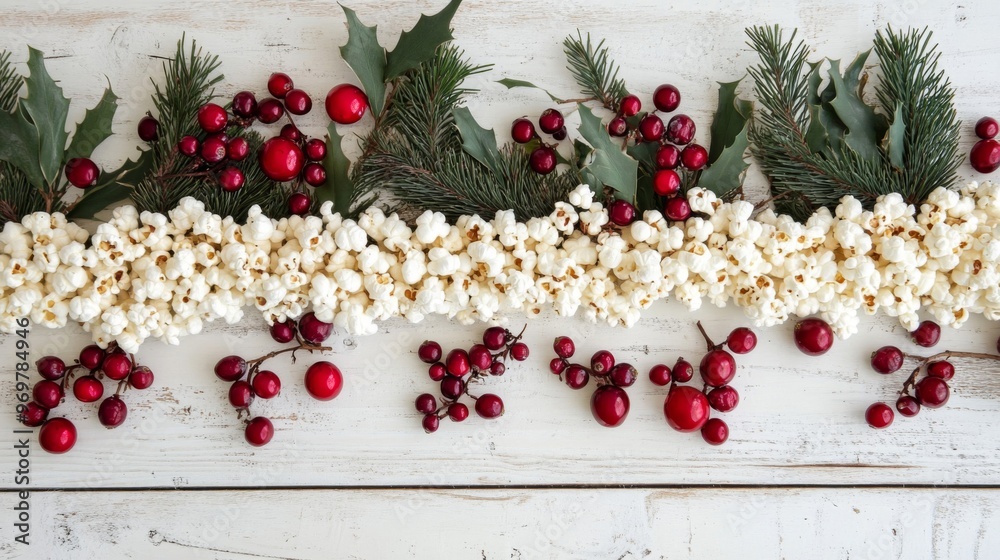 Popcorn Garland with Holly and Red Berries on Whitewashed Wood