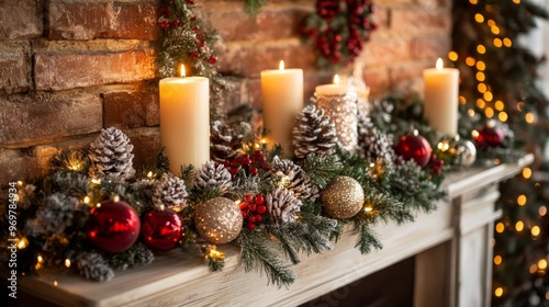 Festive Christmas Decor with Candles and Ornaments on Fireplace Mantel