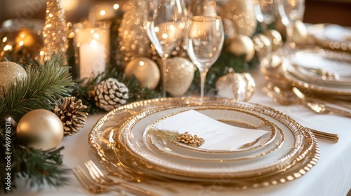 Elegant Place Setting with Gold Accents and Christmas Decor