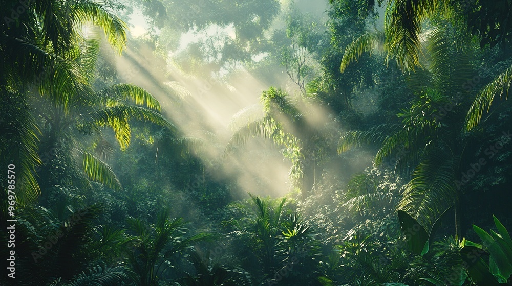 A tropical rainforest with dense vegetation and mist rising from the canopy A tropical rainforest with dense vegetation and mist rising from the canopy