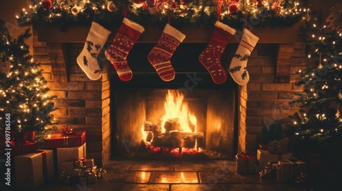 Christmas Fireplace with Stocking, Presents, and Decorated Trees