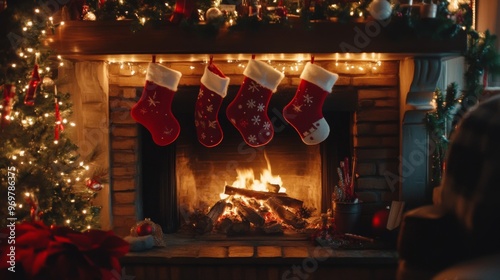 Christmas Stocking Hung Over a Fireplace with a Burning Fire Inside