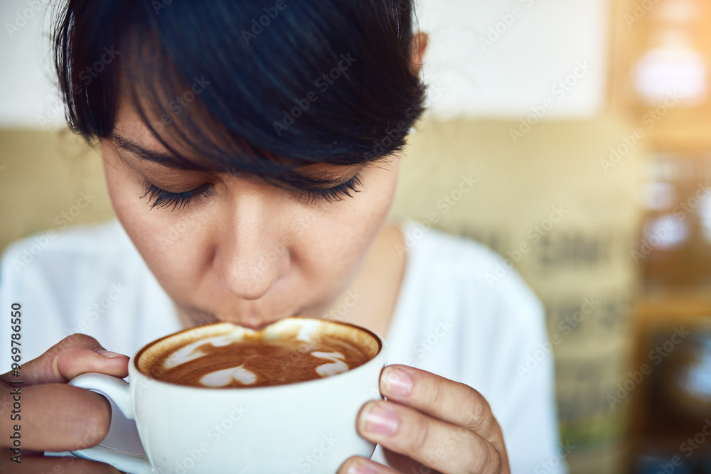 Woman, customer and coffee drink at cafe, morning breakfast and warm beverage in restaurant. Female person, hospitality service and cup of espresso for energy, relax and consumer for cappuccino Woman, customer and coffee drink at cafe, morning breakfast and warm beverage in restaurant. Female person, hospitality service and cup of espresso for energy, relax and consumer for cappuccino