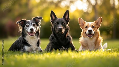 Three Happy Dogs in a Green Field