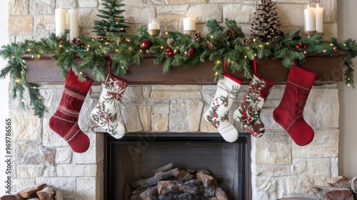 Christmas Stockings Hung on a Stone Fireplace Mantel