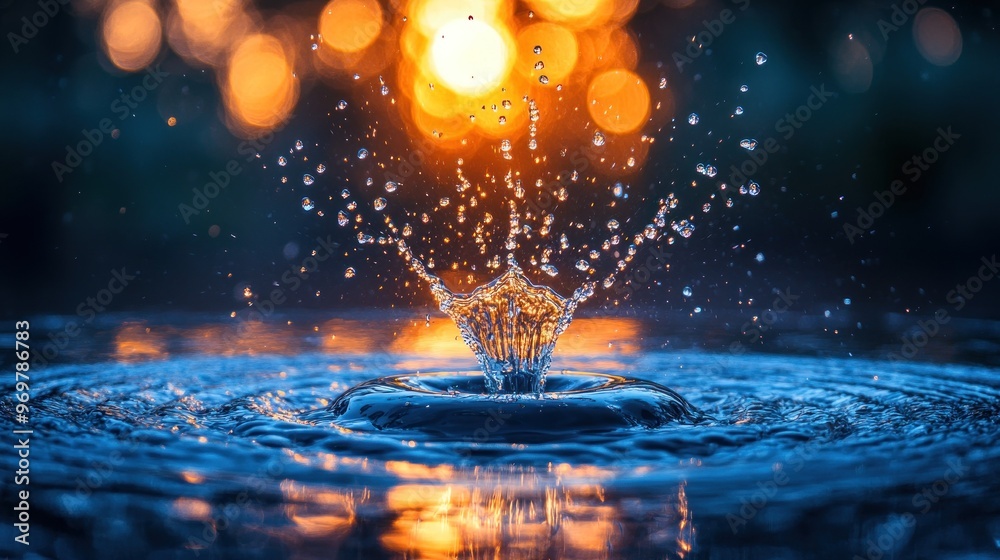 Fototapeta premium Water Droplet Splashing into Still Water with a Blurred Background of Bokeh Lights