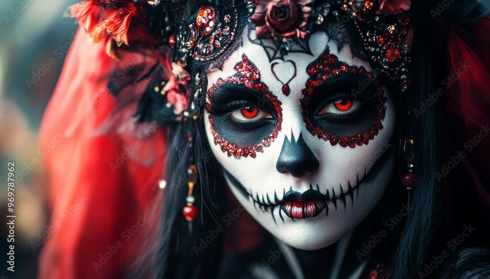 Halloween Beauty Portrait of Woman with Skull Makeup and Flowers in Hair Halloween Beauty Portrait of Woman with Skull Makeup and Flowers in Hair
