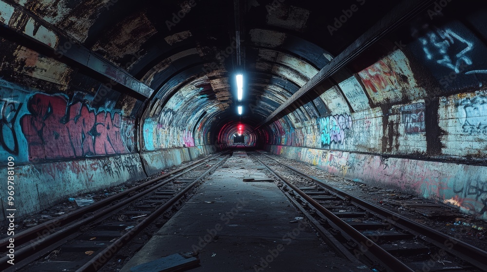 Abandoned Tunnel with Graffiti Art and Train Tracks Abandoned Tunnel with Graffiti Art and Train Tracks