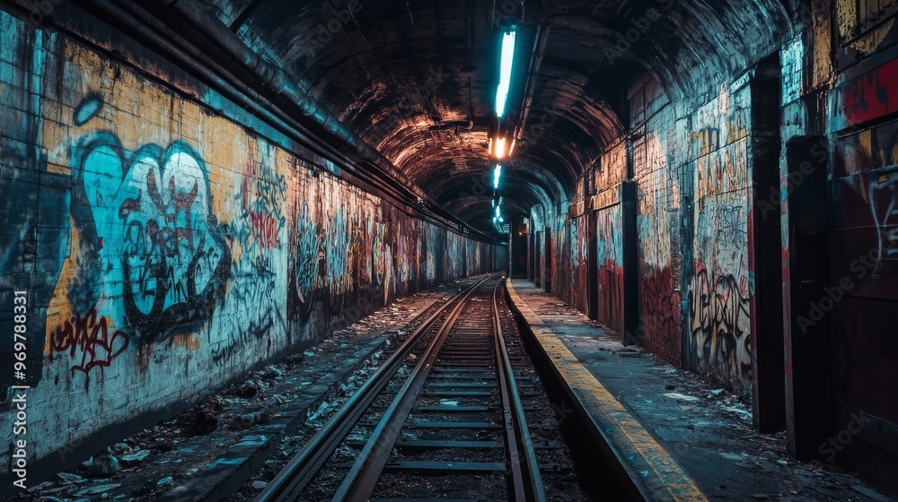 Graffiti-Covered Tunnel: Abandoned Railway Tracks Graffiti-Covered Tunnel: Abandoned Railway Tracks