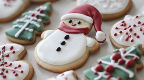 Decorated Christmas Cookies with Snowman, Tree, and Snowflake Designs