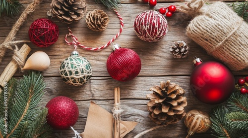 Rustic Christmas Decorations with Pine Cones and Twigs on Wooden Background