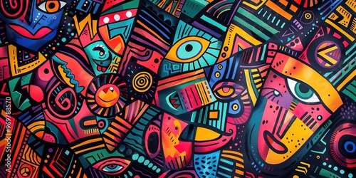 Illustration of colorful different seamless and geometric patterns in neo-primitive expressionism art on abstract background photo