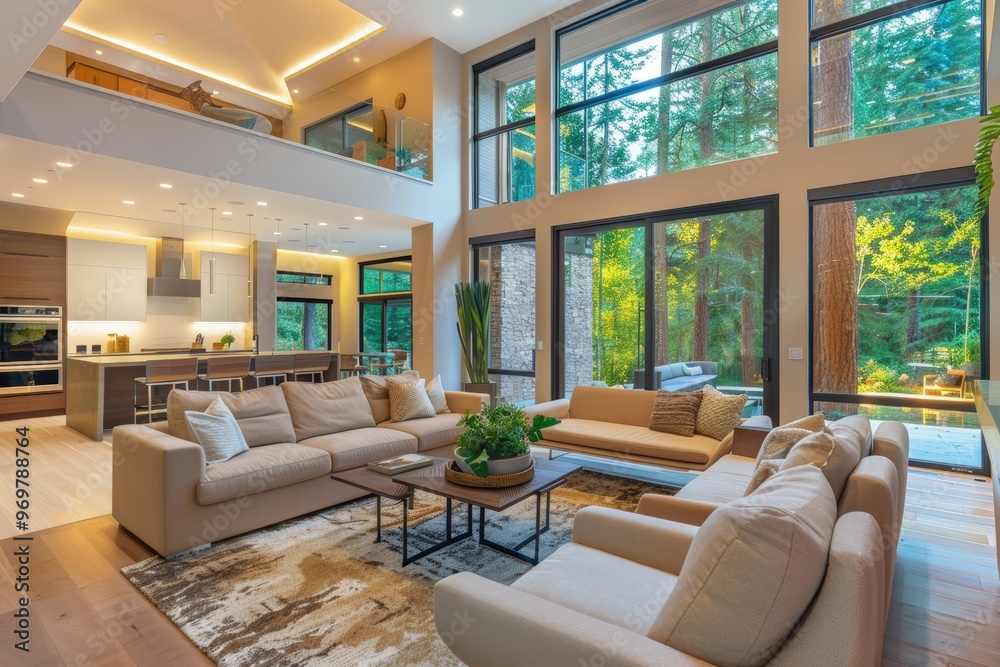 Modern Sustainable Living Room with LED Lighting and Large Windows for Natural Light