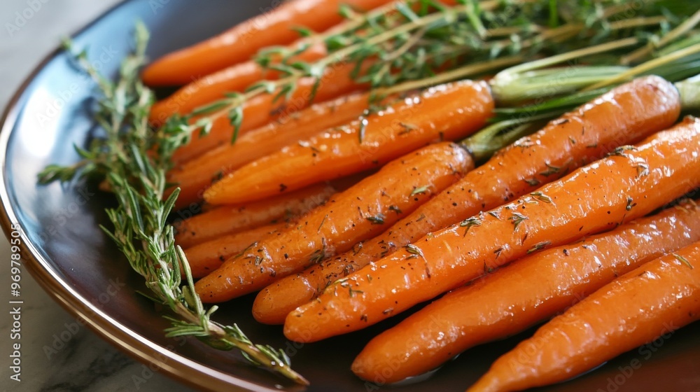 Roasted Carrots with Rosemary and Thyme on a Brown Plate Roasted Carrots with Rosemary and Thyme on a Brown Plate