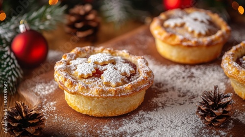 Christmas Mince Pies with Powdered Sugar and Pine Cones