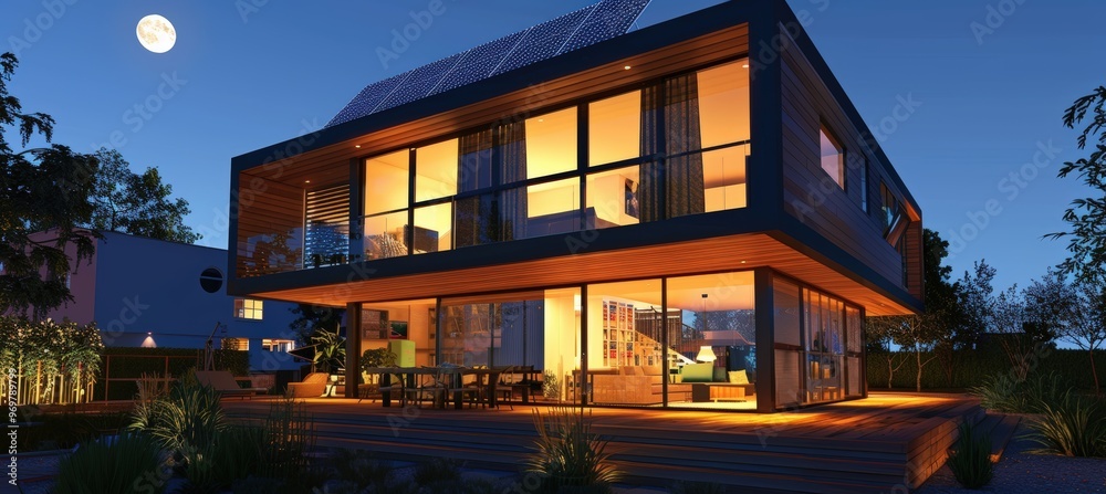 Modern Energy-Efficient Split Level House with Solar Panels and Large Windows in a Quiet Suburban Neighborhood Modern Energy-Efficient Split Level House with Solar Panels and Large Windows in a Quiet Suburban Neighborhood