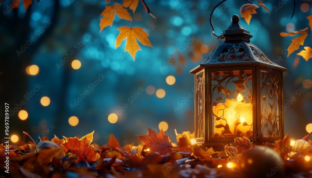 Jolly Halloween Lantern Surrounded by Colorful Autumn Leaves in Soft Focus Jolly Halloween Lantern Surrounded by Colorful Autumn Leaves in Soft Focus