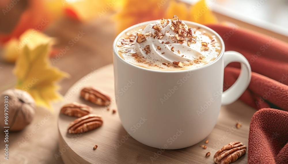 Cozy Autumn Maple Pecan Latte with Whipped Cream and Cinnamon Stick Cozy Autumn Maple Pecan Latte with Whipped Cream and Cinnamon Stick