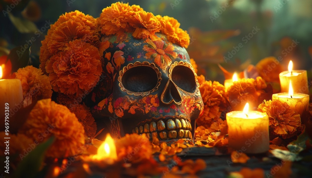 Mexican Day of the Dead Altar with Marigolds and Skull Decorations Mexican Day of the Dead Altar with Marigolds and Skull Decorations