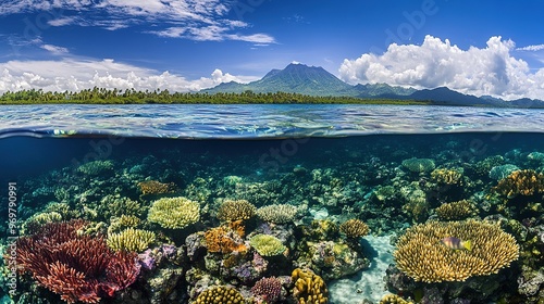 A vibrant coral reef teeming with marine life in clear tropical waters