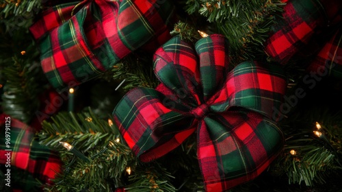 Red and Green Plaid Bow on a Christmas Tree